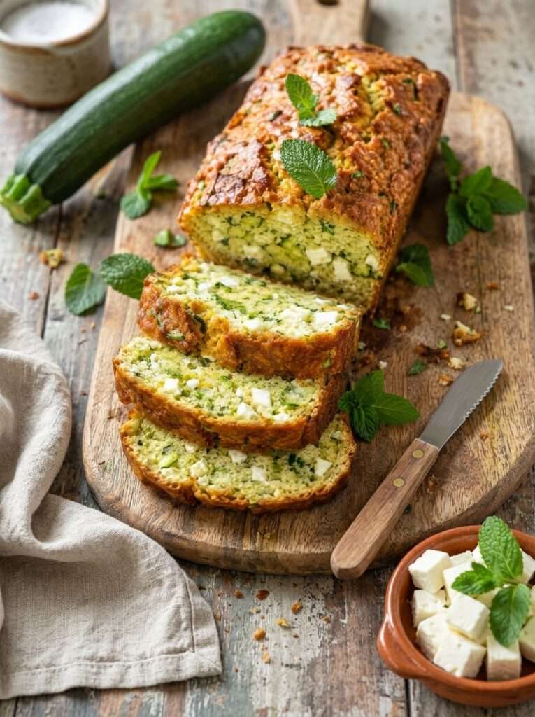 Cake salé courgette feta menthe moelleux avec morceaux de courgette, feta, herbes fraîches et tranche découpée