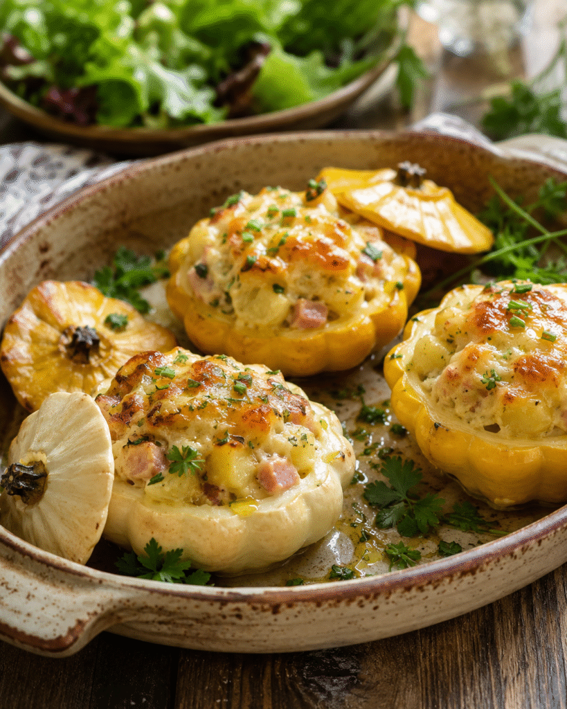 Pâtissons farcis au jambon, pommes de terre nouvelles et comté gratinés au four dans un plat rustique avec herbes fraîches.