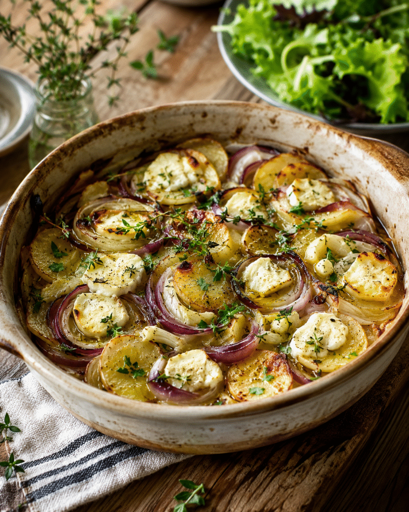 Tian fenouil pommes de terre et chèvre frais doré au four dans un plat rustique avec oignons rouges et thym frais.