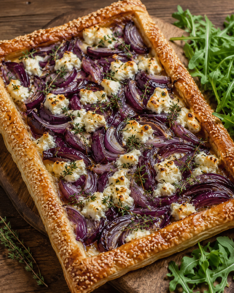 Tarte fine oignons rouges, fromage de brebis et thym dorée au four avec pâte croustillante et oignons fondants.