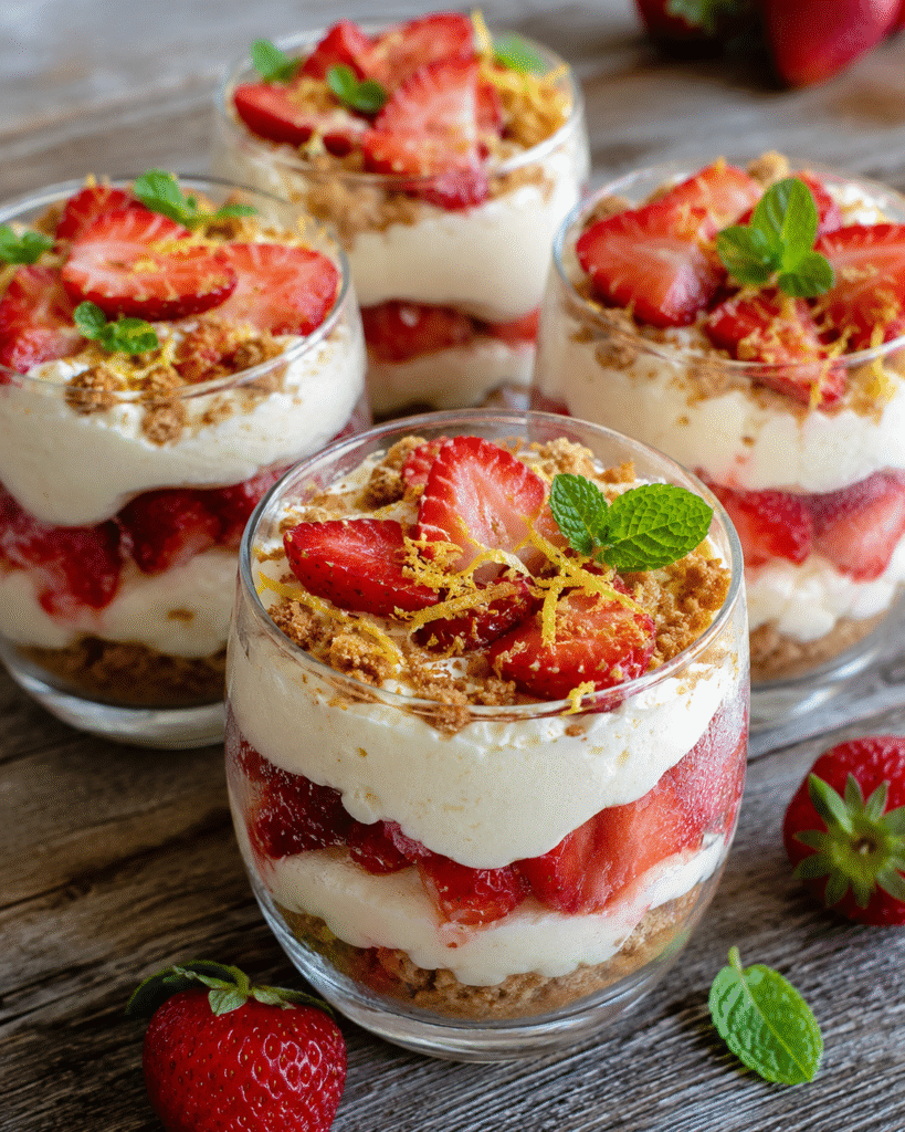 Verrines fraises mascarpone spéculoos avec crème citronnée, fraises fraîches, biscuits émiettés et menthe fraîche.
