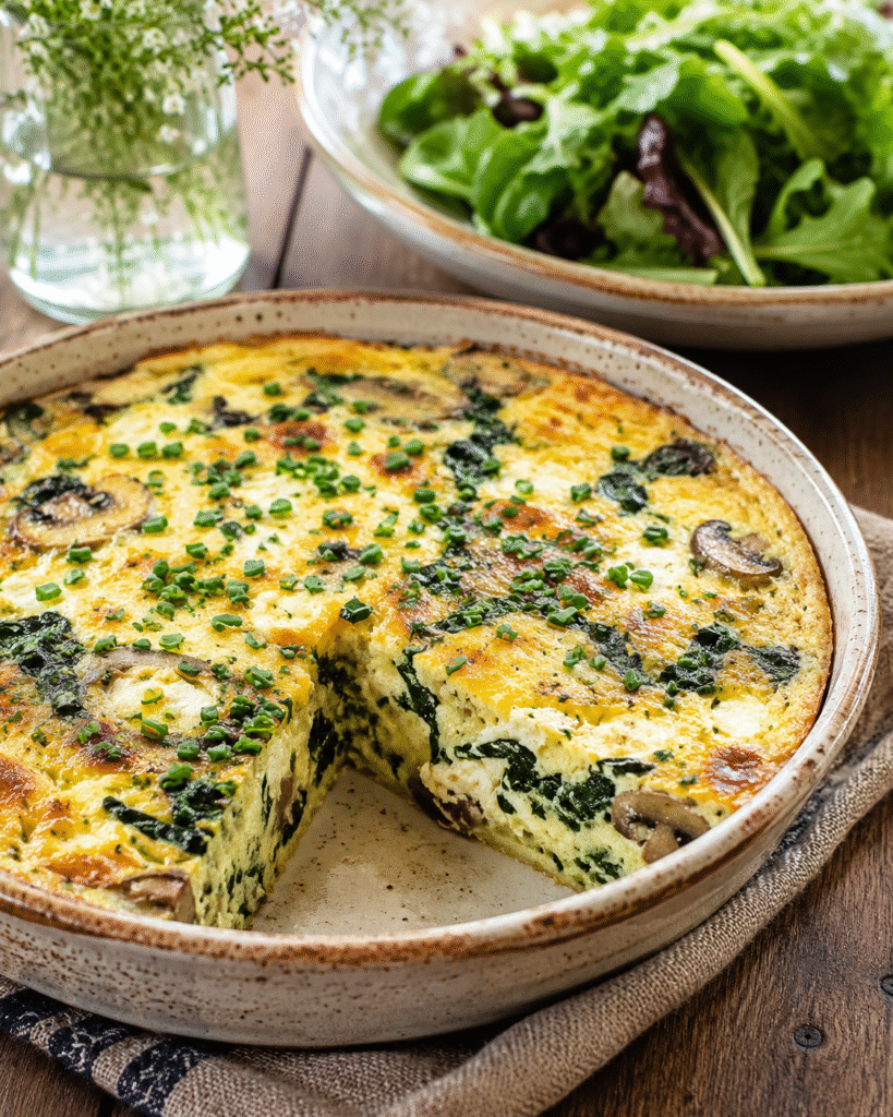 Quiche sans pâte épinards, champignons et fromage frais dorée au four dans un plat rustique avec salade verte.