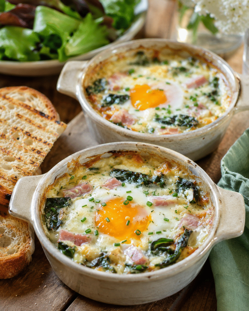 Œufs cocotte blettes, jambon blanc et tomme râpée servis dans des ramequins rustiques avec crème fondante et pain grillé.