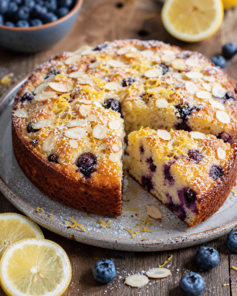 Gâteau myrtilles citron moelleux avec amandes effilées, tranches de citron et myrtilles fraîches sur une table rustique.