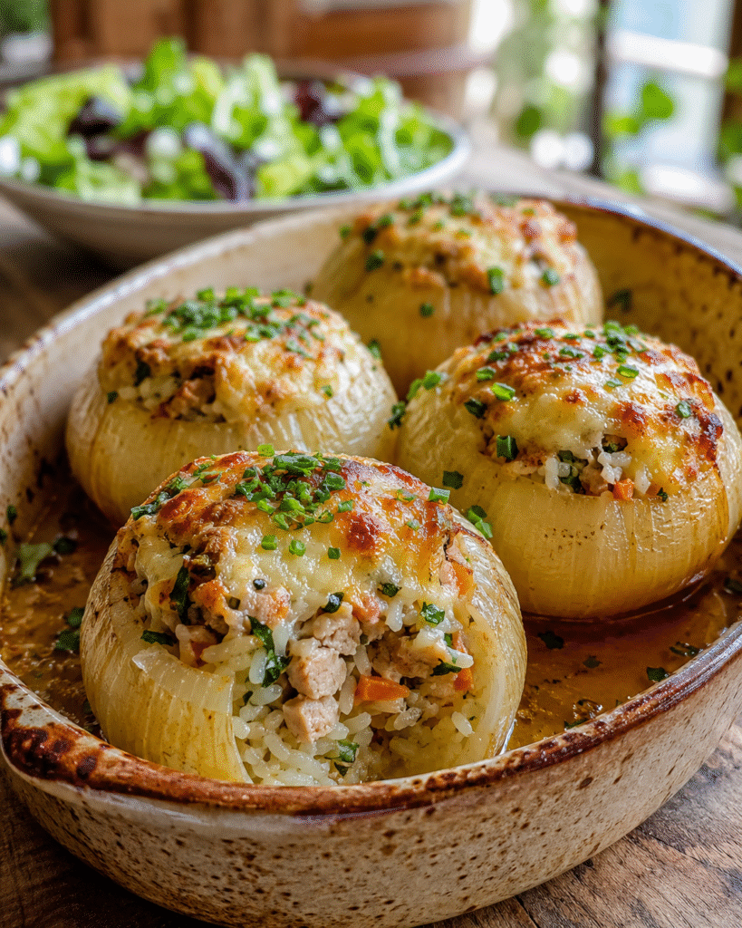 Oignons doux farcis au poulet, riz et herbes fraîches gratinés au four dans un plat rustique avec sauce légère.