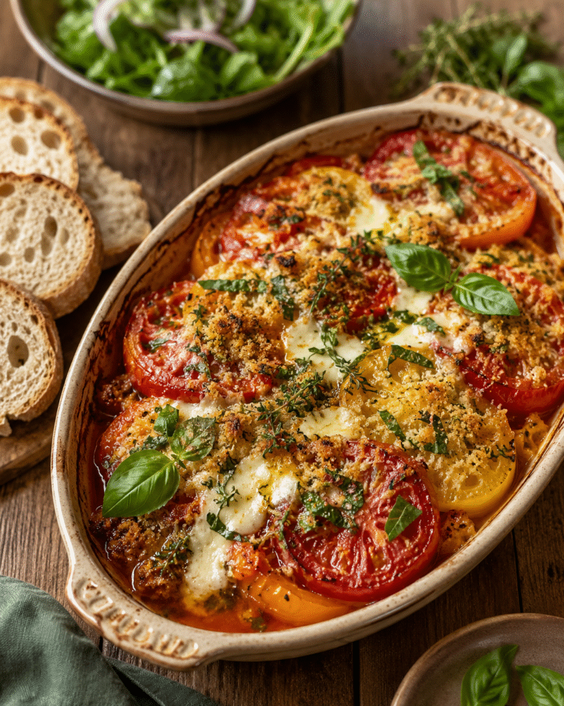 Gratin tomates anciennes, mozzarella et chapelure au basilic doré au four dans un plat rustique avec tomates colorées.