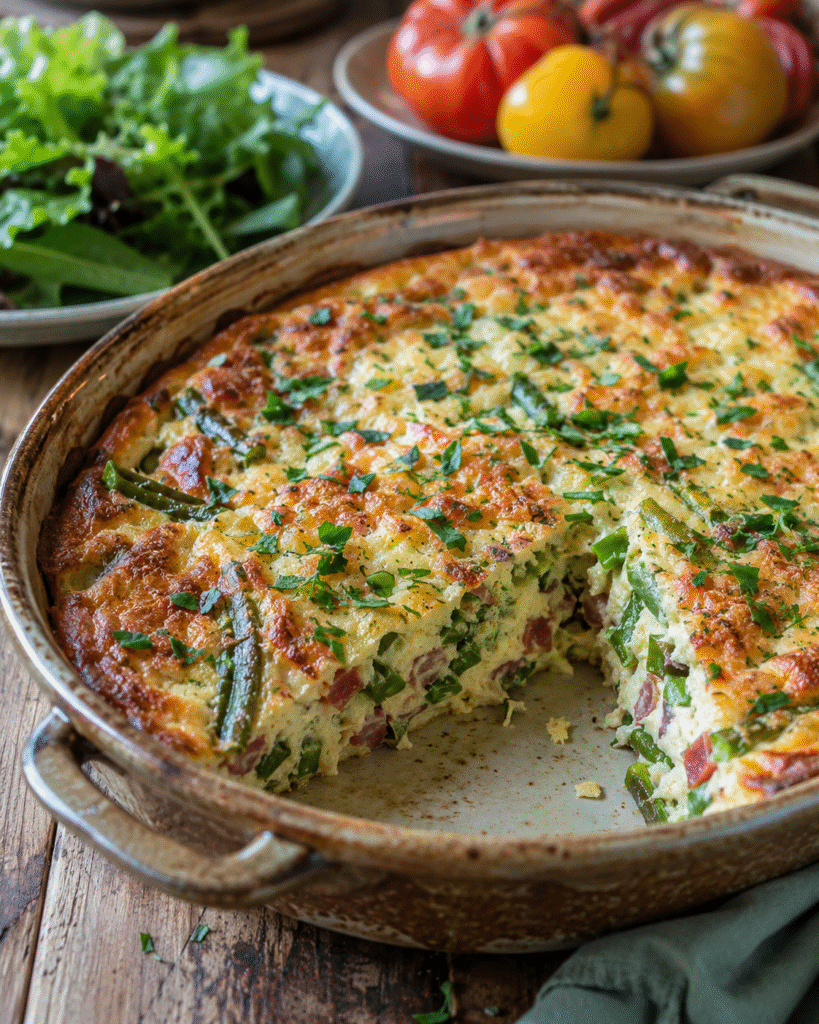 Clafoutis salé haricots verts, jambon cru et parmesan doré au four dans un plat rustique avec salade fraîche.