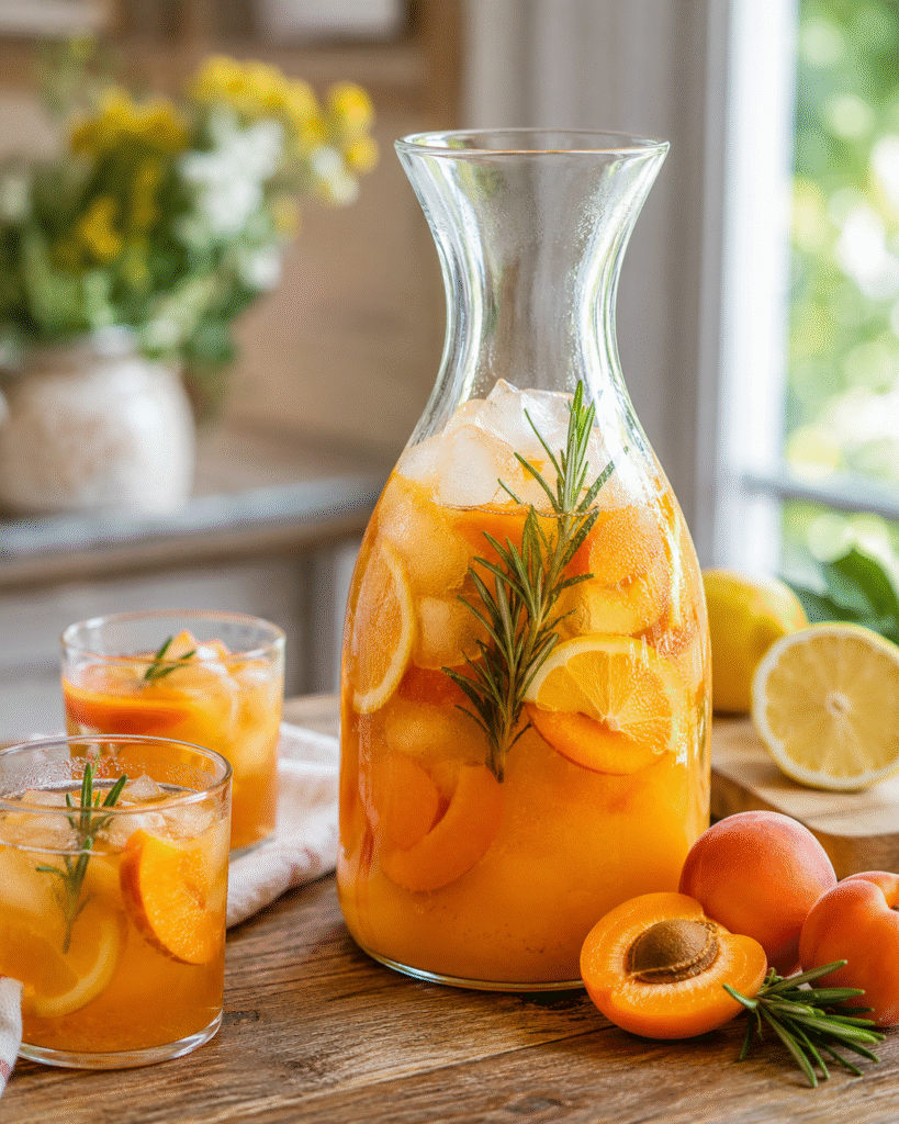 Boisson abricot citron au romarin servie dans une carafe avec glaçons, quartiers d’abricots, rondelles de citron et brins de romarin.