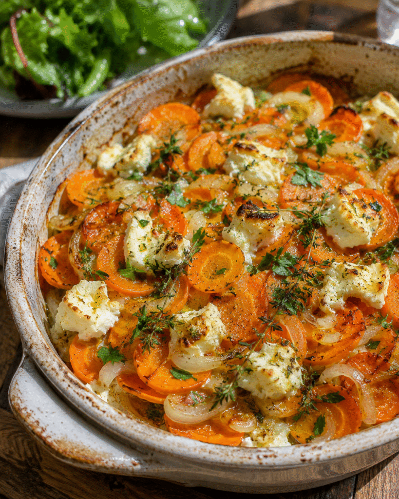 Tian carottes nouvelles, chèvre frais et thym doré au four dans un plat rustique avec oignons doux fondants.