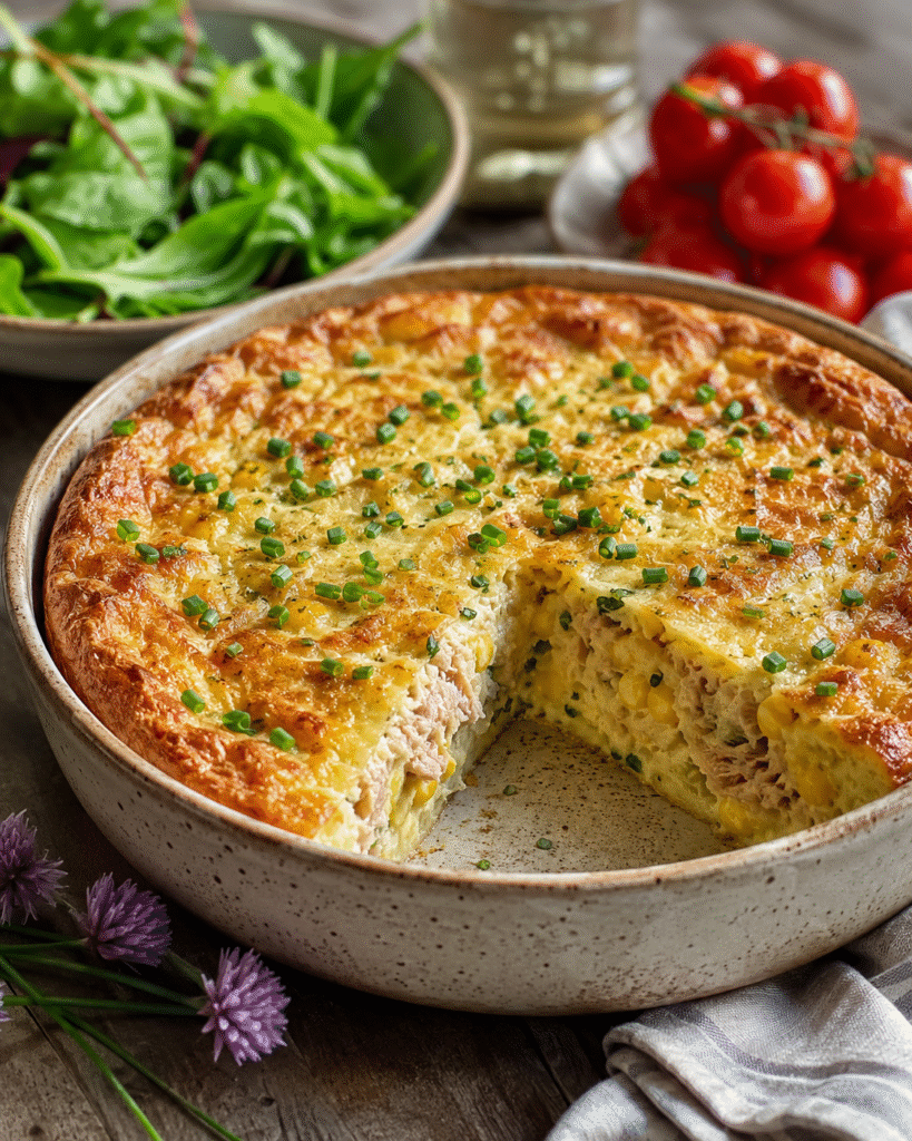 Quiche sans pâte thon, maïs et ciboulette dorée au four dans un plat rustique avec salade verte et texture moelleuse.