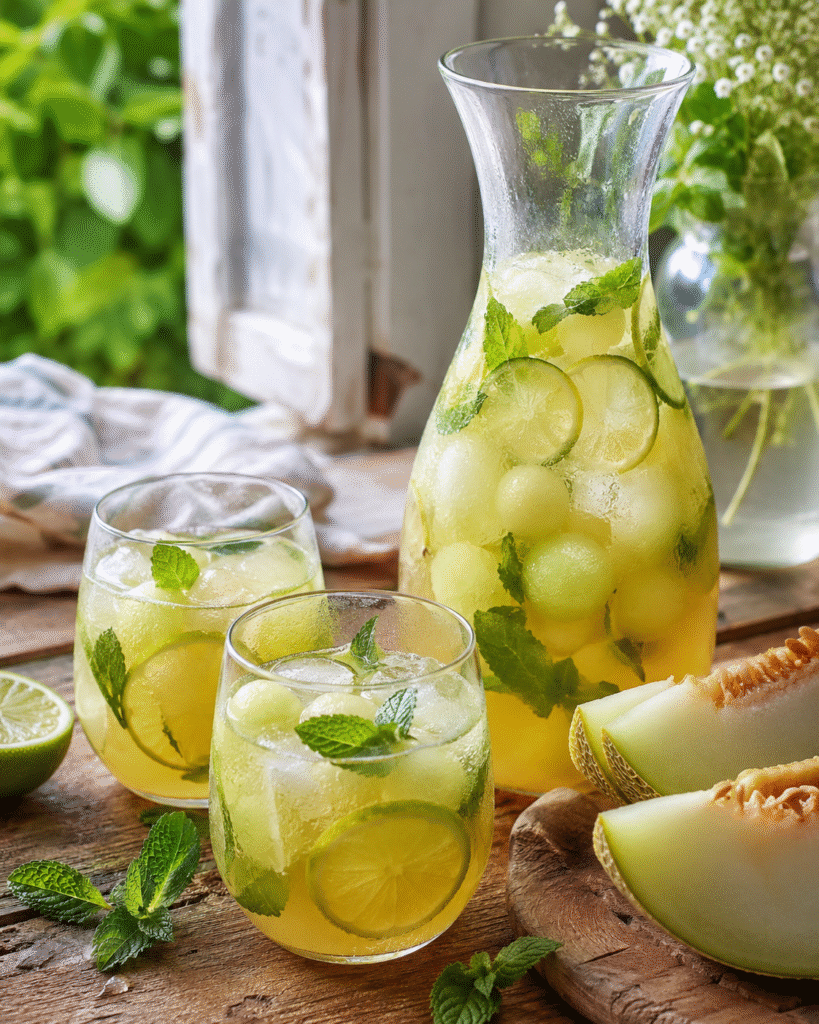 Boisson melon menthe au citron vert servie dans une carafe avec glaçons, billes de melon, rondelles de citron vert et feuilles de menthe.