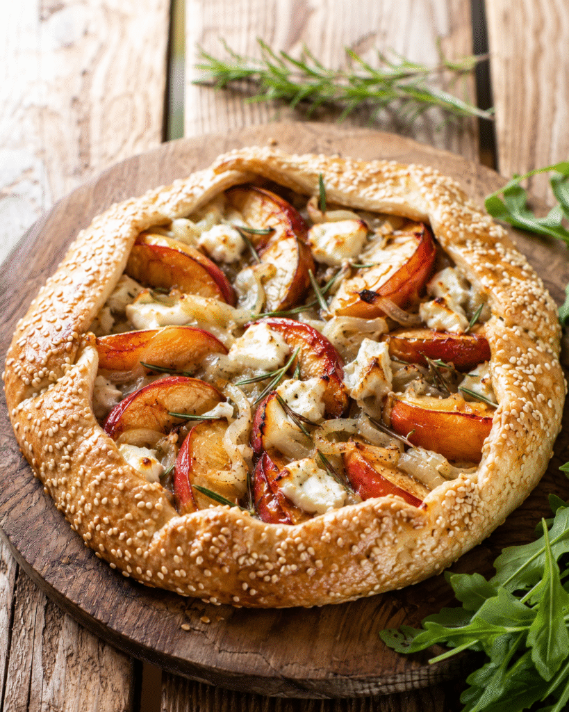 Tarte rustique nectarines salée au chèvre frais et romarin dorée au four sur une table rustique avec salade fraîche.