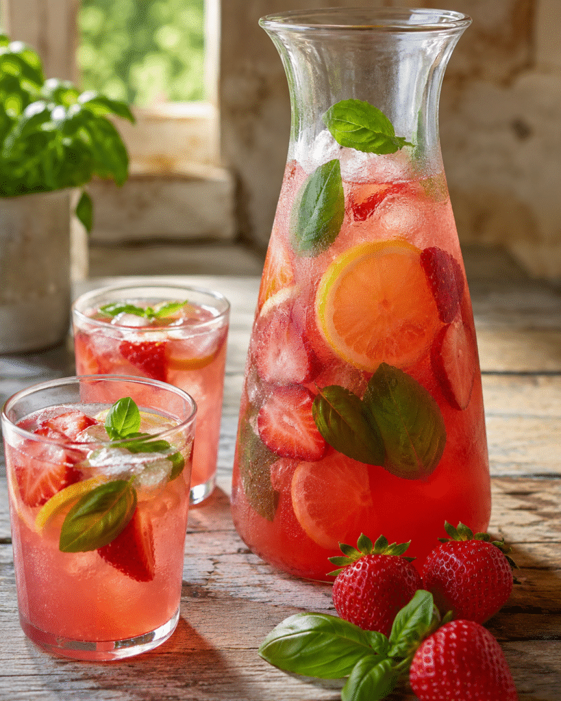 Limonade fraise basilic servie dans une carafe avec fraises fraîches, rondelles de citron, feuilles de basilic et glaçons.