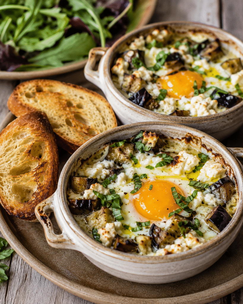 Œufs cocotte aubergines rôties, feta et basilic servis dans des ramequins rustiques avec crème onctueuse et pain grillé.