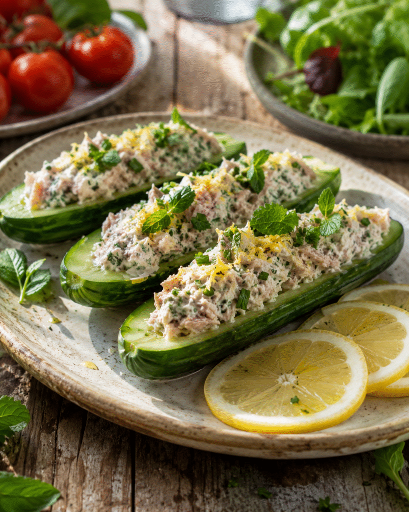 Concombres farcis thon, fromage frais et herbes fraîches servis froids sur une assiette rustique avec citron et salade.
