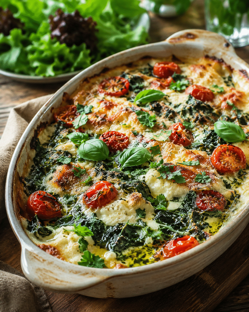 Gratin blettes ricotta, tomates cerises et parmesan doré au four dans un plat rustique avec herbes fraîches.