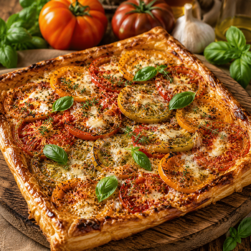 Tarte tomate à la moutarde ancienne et mozzarella fraîche, dorée au four sur une planche en bois.