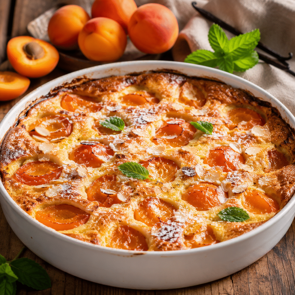 Clafoutis aux abricots moelleux et doré servi dans un plat en céramique avec des abricots frais.