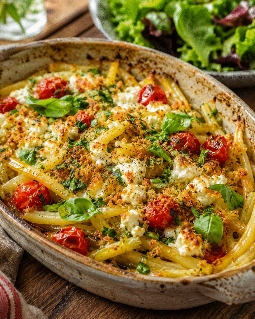 Gratin haricots beurre, tomates cerises et feta doré au four dans un plat rustique avec herbes fraîches et chapelure.