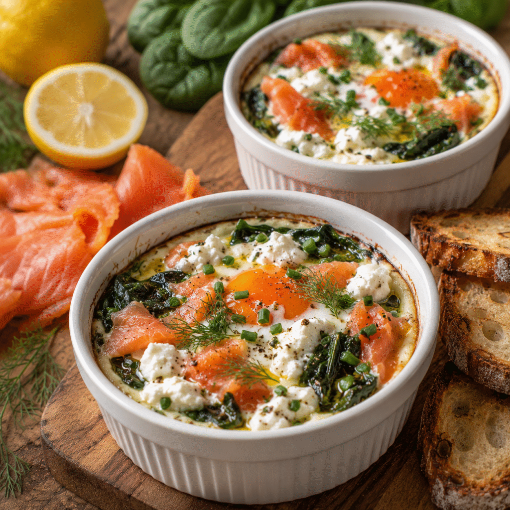 Œufs cocotte aux épinards, saumon fumé et ricotta cuits au four dans des ramequins.