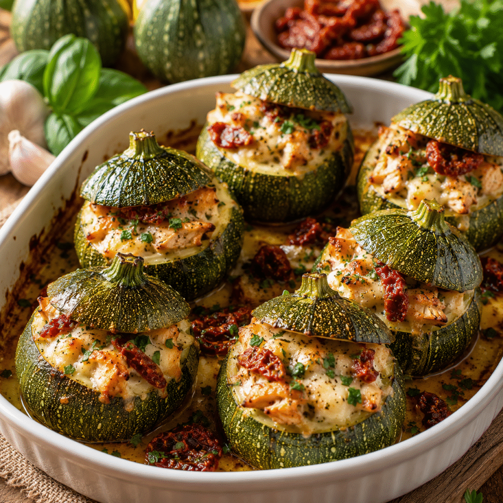 Courgettes farcies au poulet, mozzarella et tomates séchées gratinées au four dans un plat en céramique.