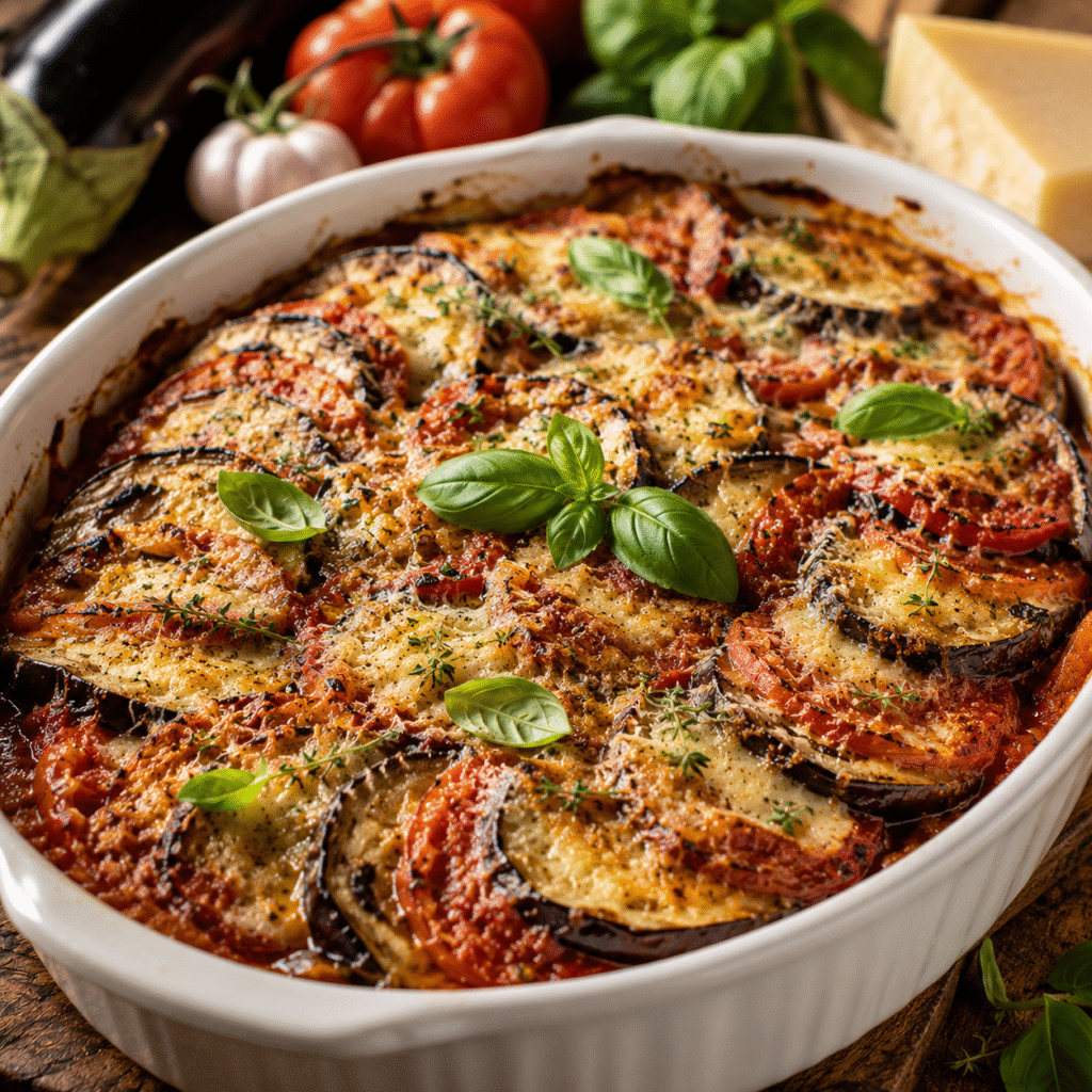 Gratin provençal aux aubergines, tomates et parmesan gratiné au four dans un plat en céramique.