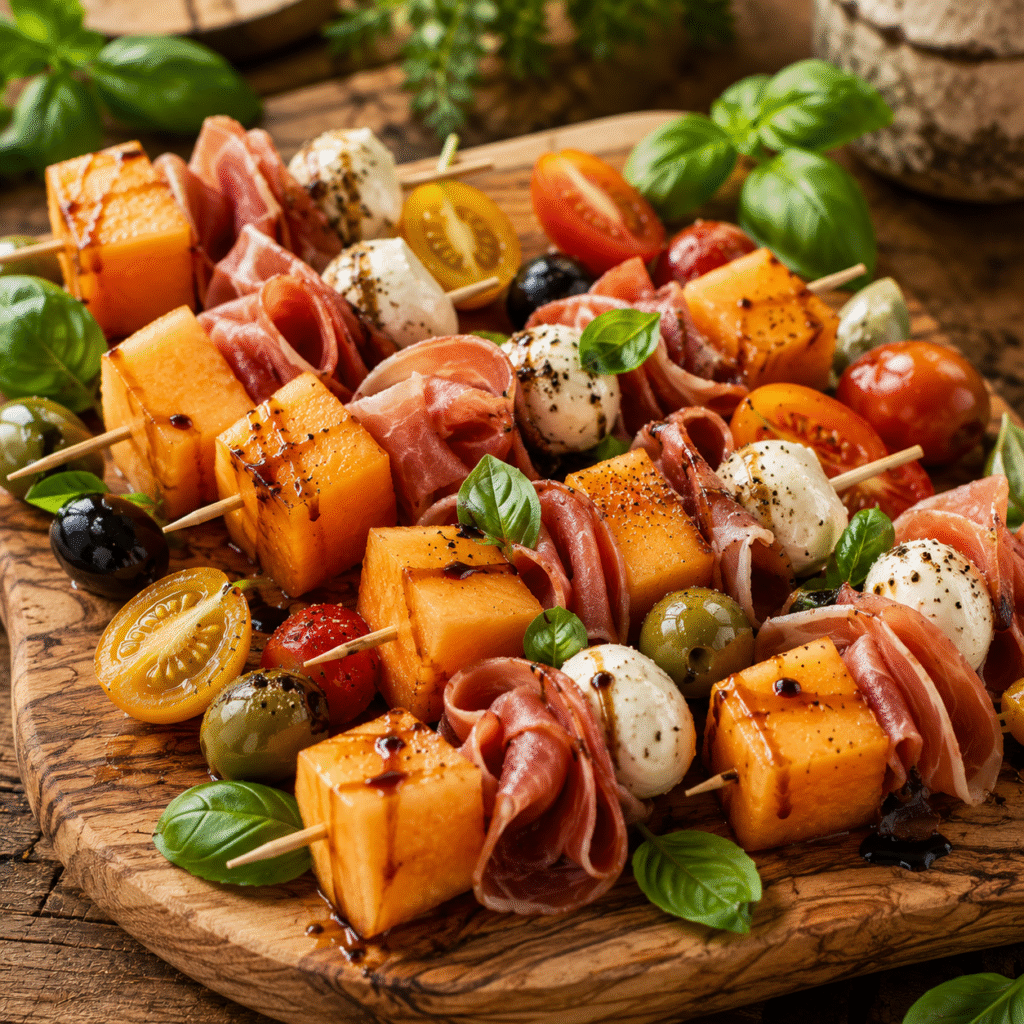 Brochettes melon, jambon cru et mozzarella servies sur une planche en bois avec basilic frais.