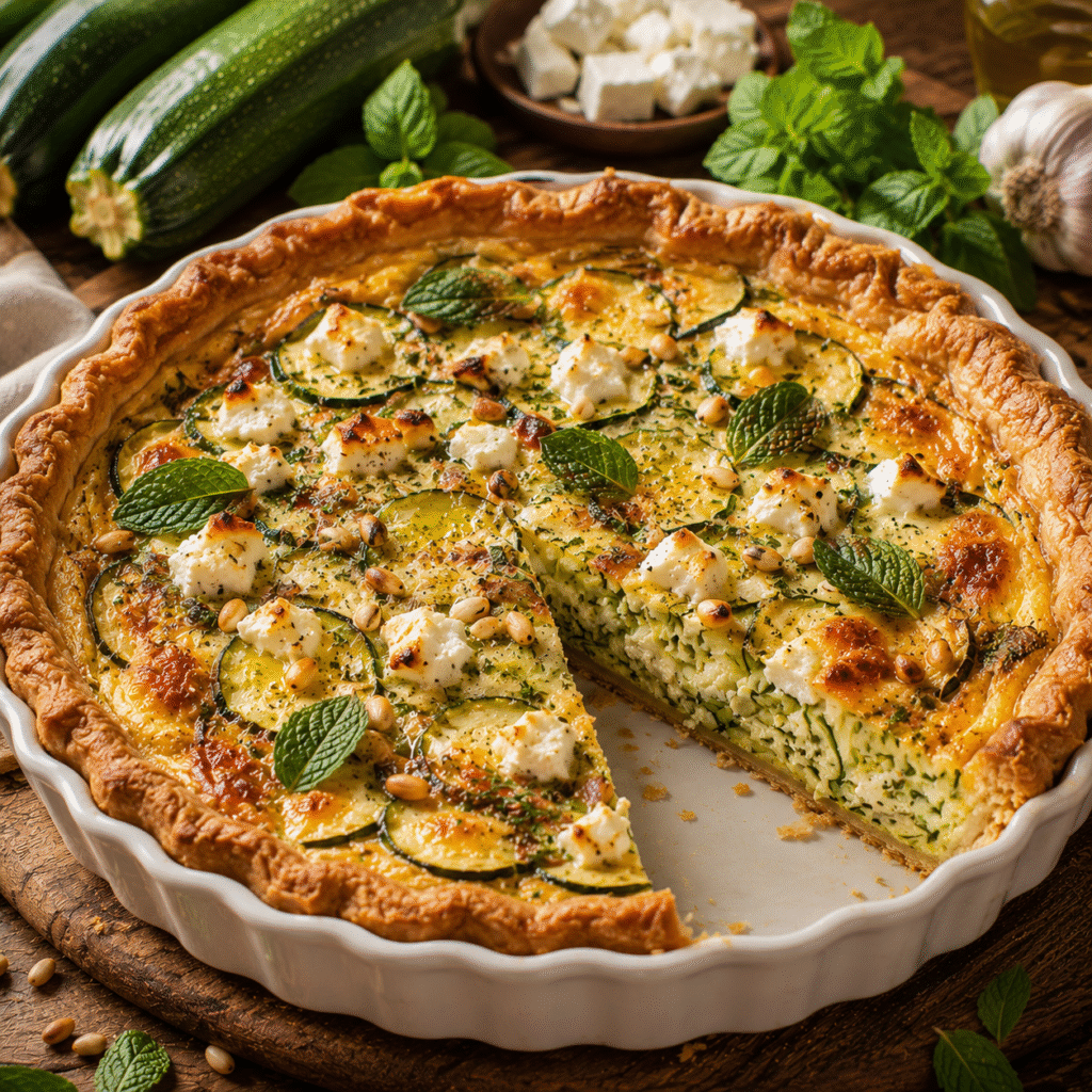 Quiche aux courgettes, feta et menthe dorée au four avec une pâte croustillante.