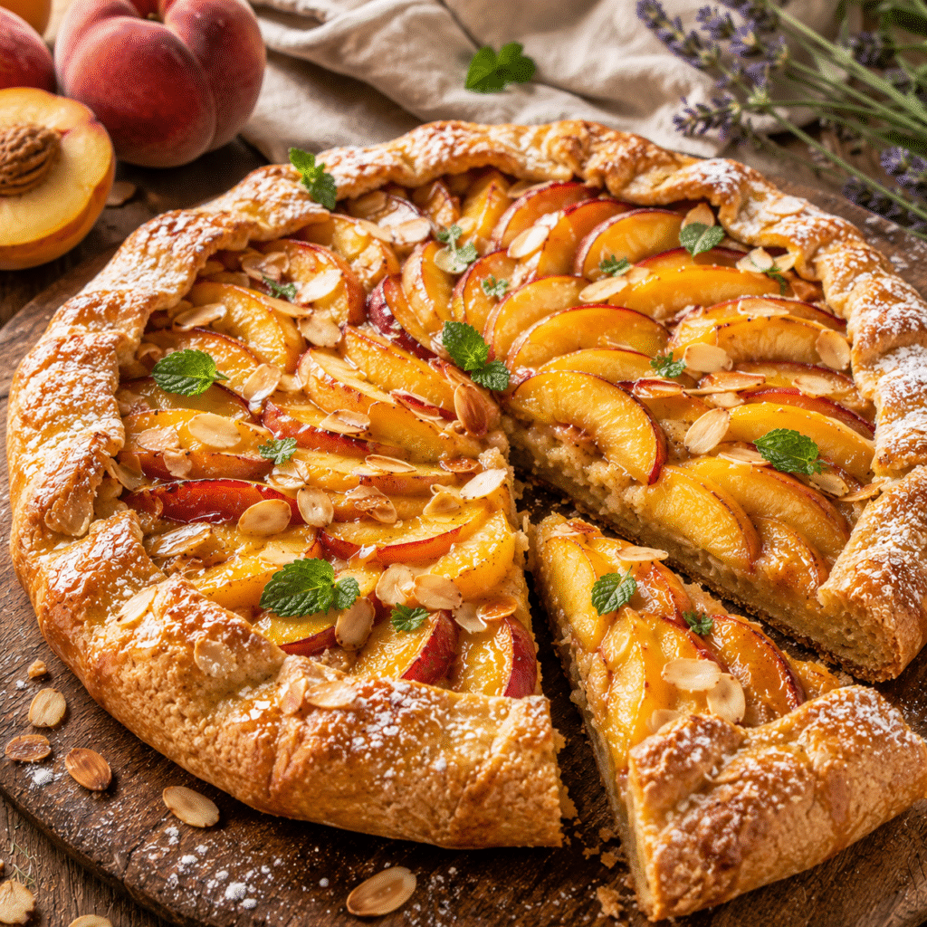 Tarte rustique aux pêches et amandes dorée au four avec une pâte croustillante.