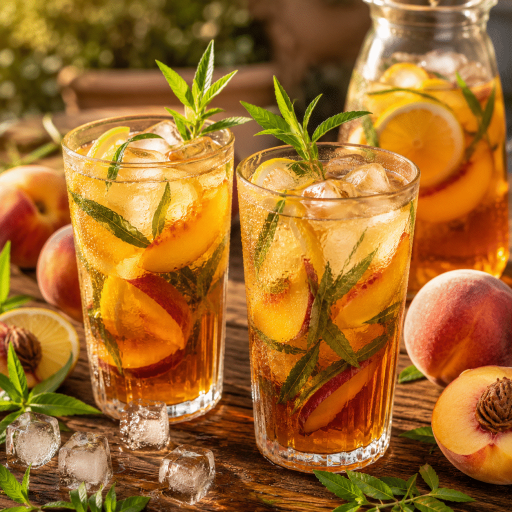 Deux verres de thé glacé maison à la pêche avec glaçons, verveine fraîche et rondelles de citron.