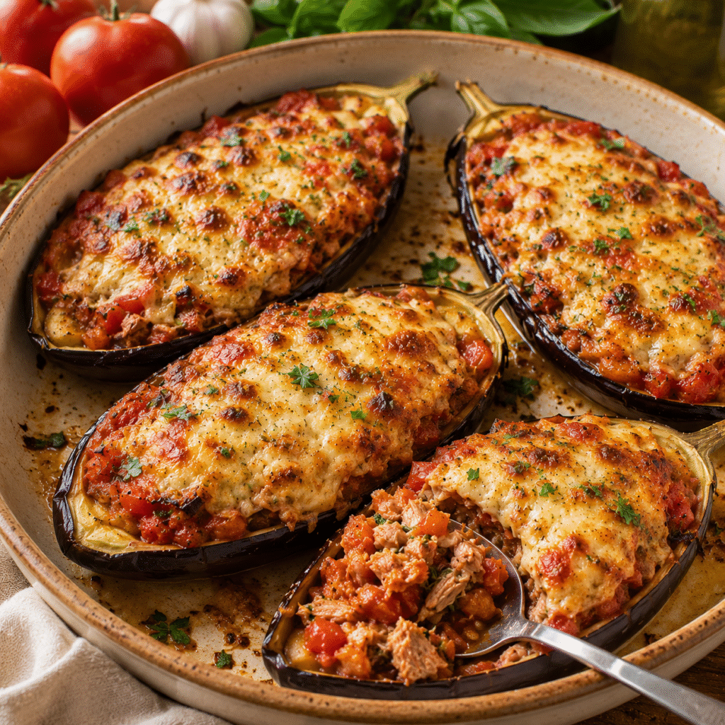 Aubergines farcies au thon et tomates avec fromage gratiné au four