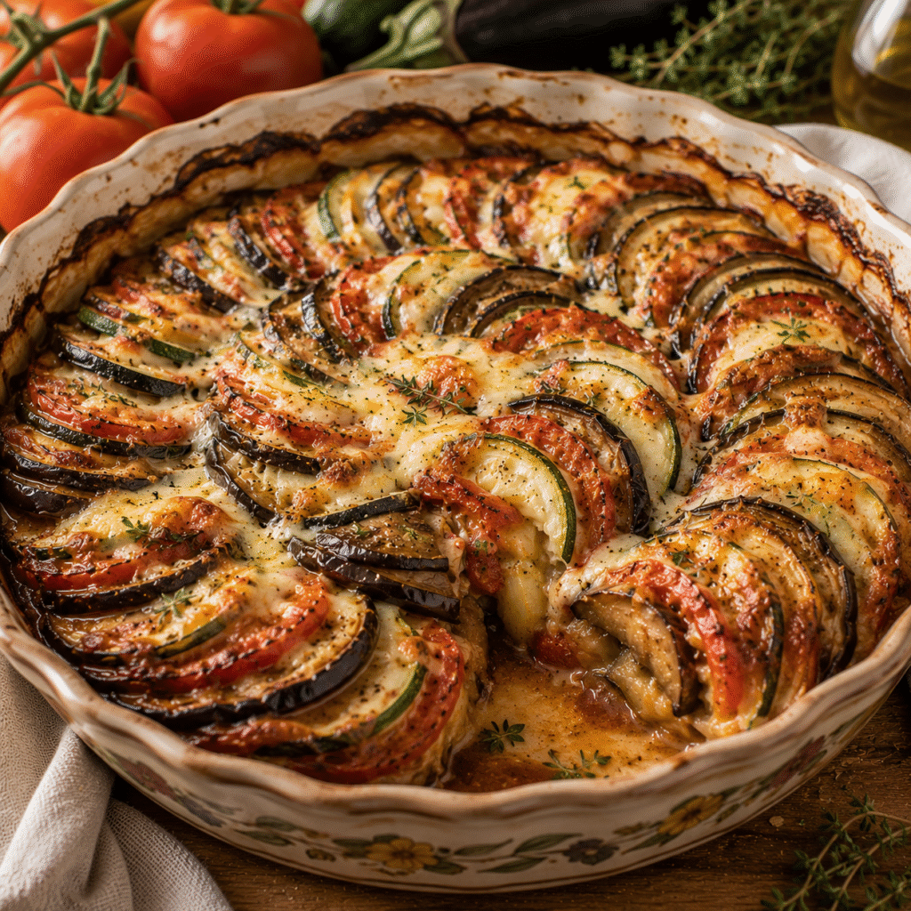 Tian provençal aux légumes d’été et mozzarella fondante dans un plat