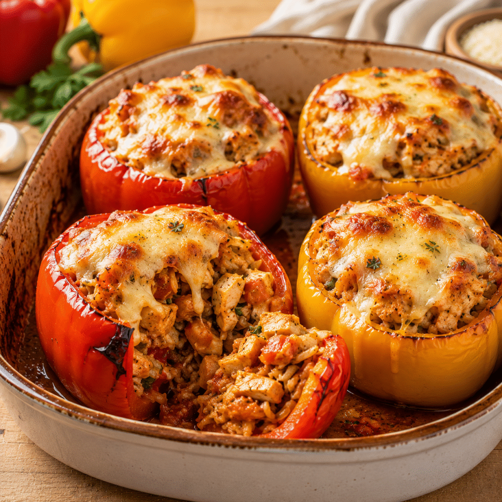 poivrons farcis au poulet et au riz gratinés dans un plat familial