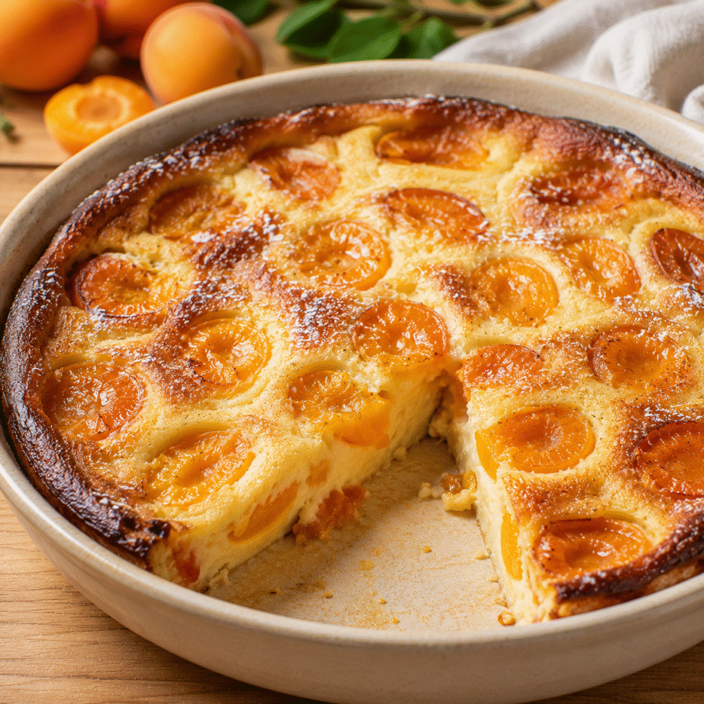 clafoutis aux abricots moelleux avec une part découpée et des fruits fondants