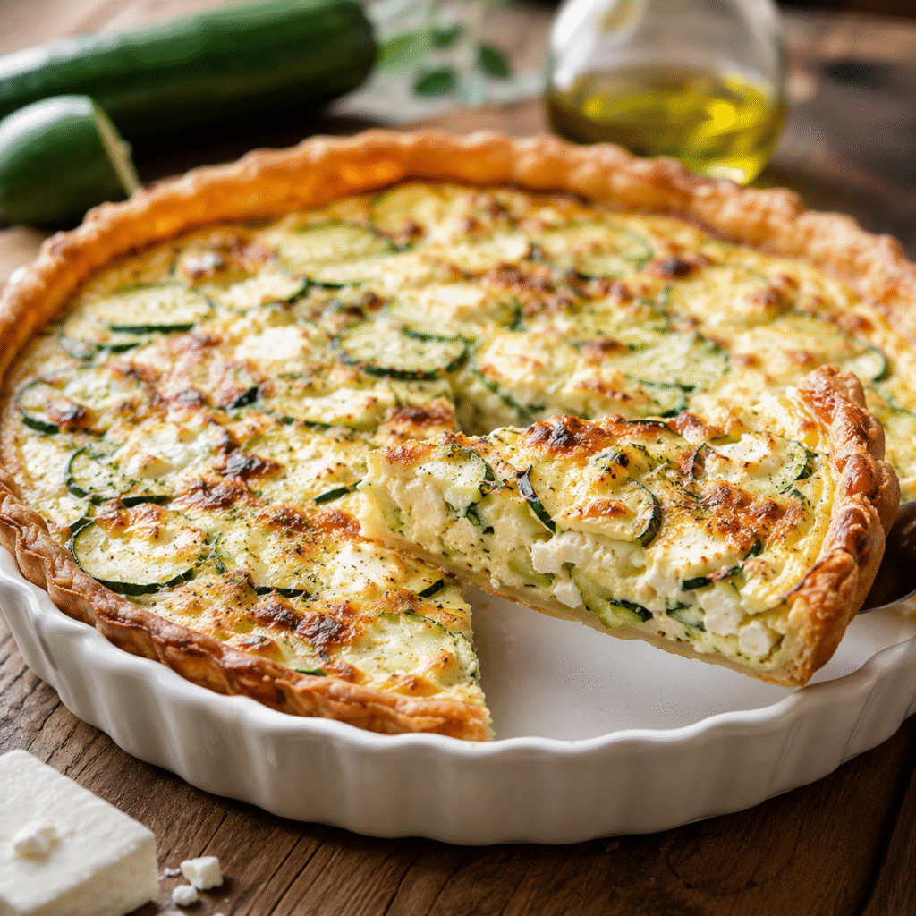 quiche courgettes à la feta avec une part fondante découpée