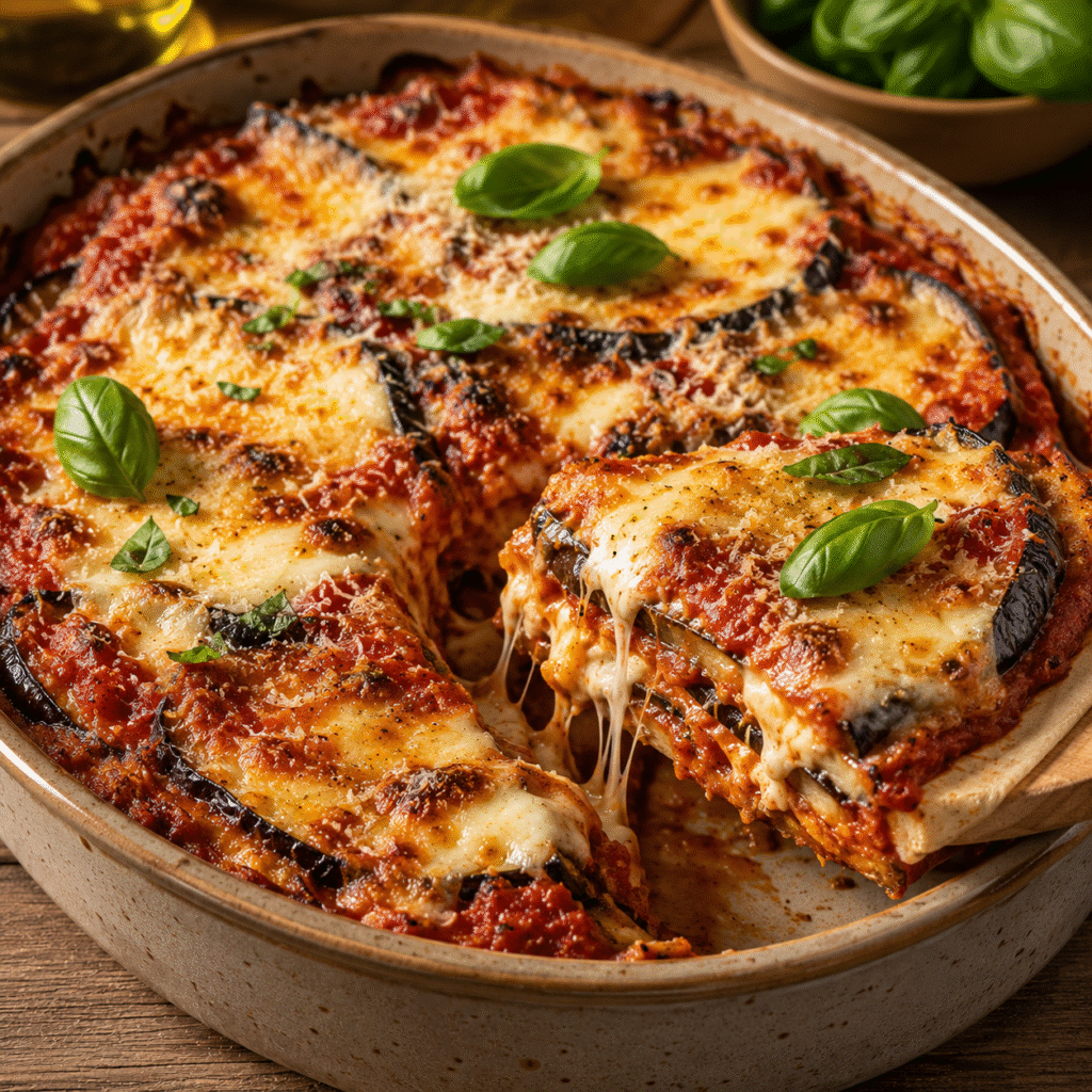 Aubergines gratinées à la sauce tomate et mozzarella fondante