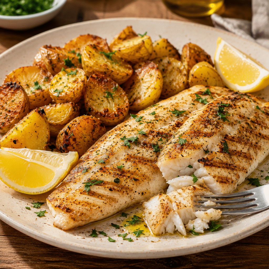 Poisson grillé servi avec des pommes de terre dorées