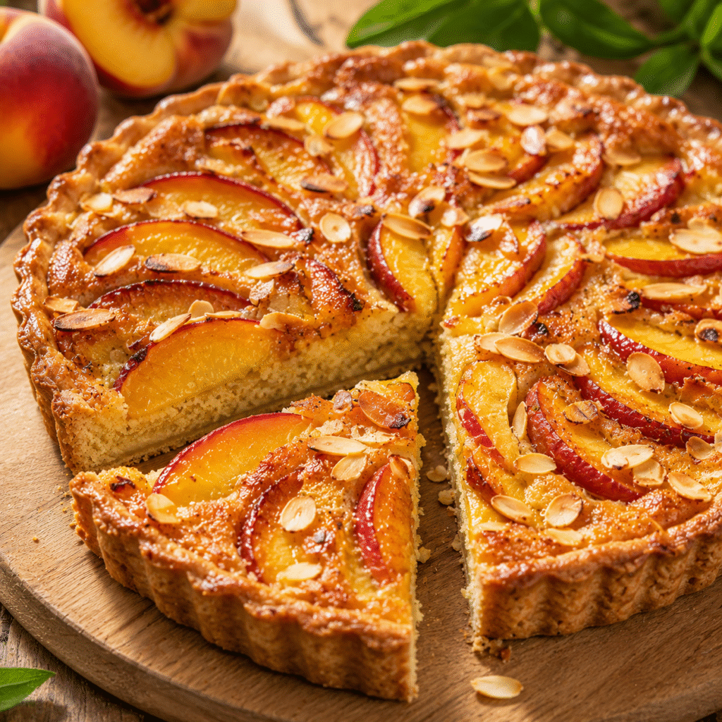 Tarte pêches aux amandes avec une part fondante découpée