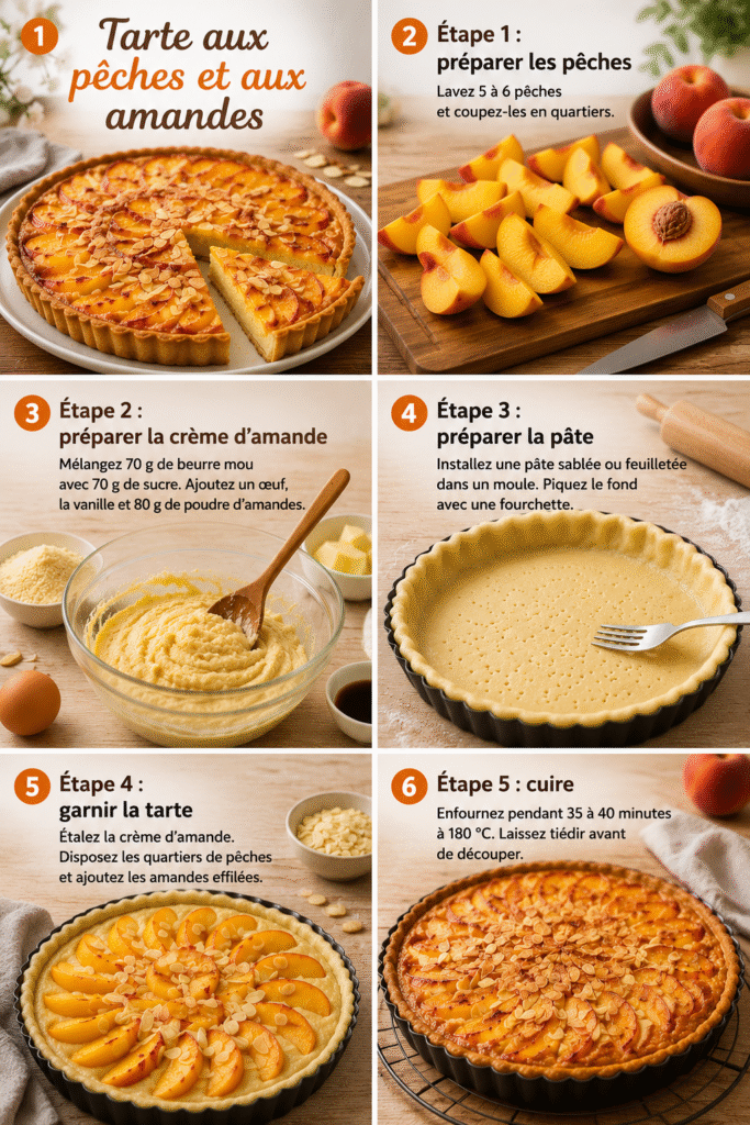 Tarte pêches aux amandes avec une part fondante découpée