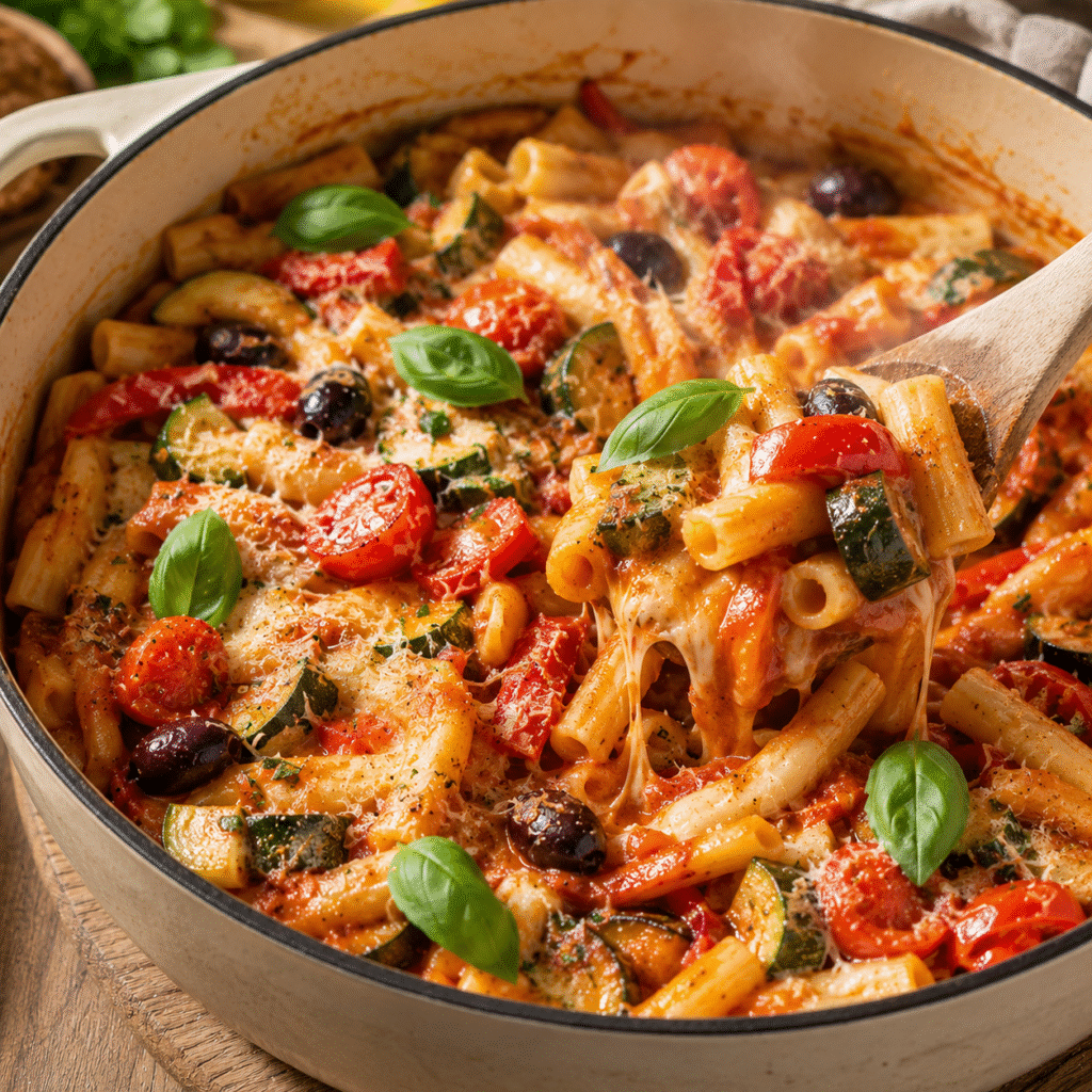 One-pot pasta méditerranéen crémeux aux légumes d’été