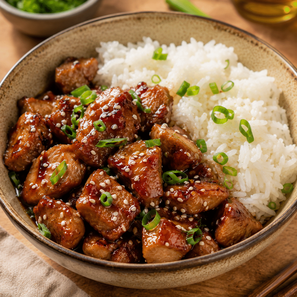 Porc caramélisé tendre avec sauce brillante et riz
