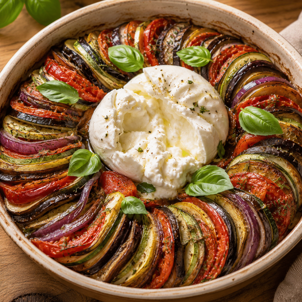 Tian légumes d’été avec burrata crémeuse et basilic