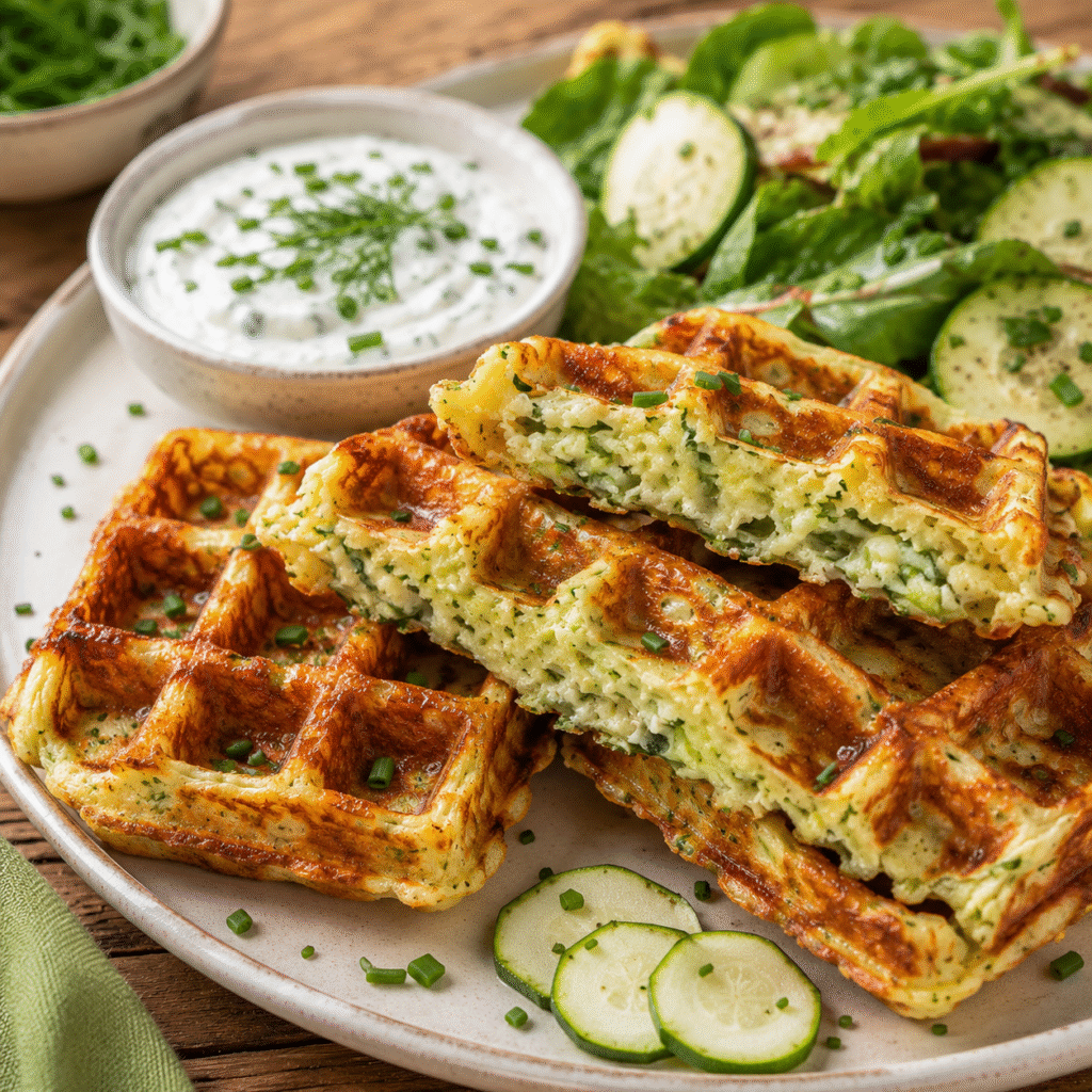 Gaufres courgettes croustillantes avec sauce au yaourt