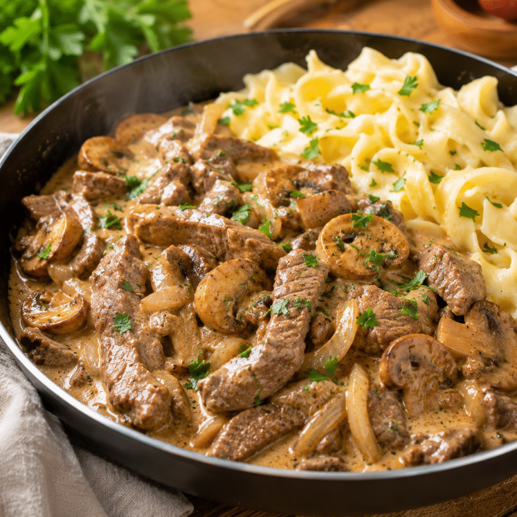 Bœuf Stroganoff crémeux aux champignons et au persil