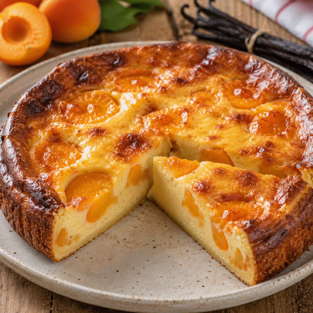 Flan abricots fondant à la vanille avec une part découpée