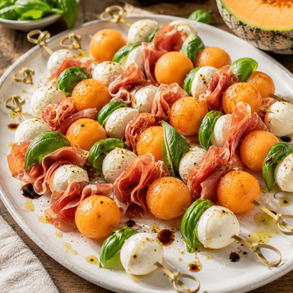 brochettes melon-jambon cru et à la mozzarella