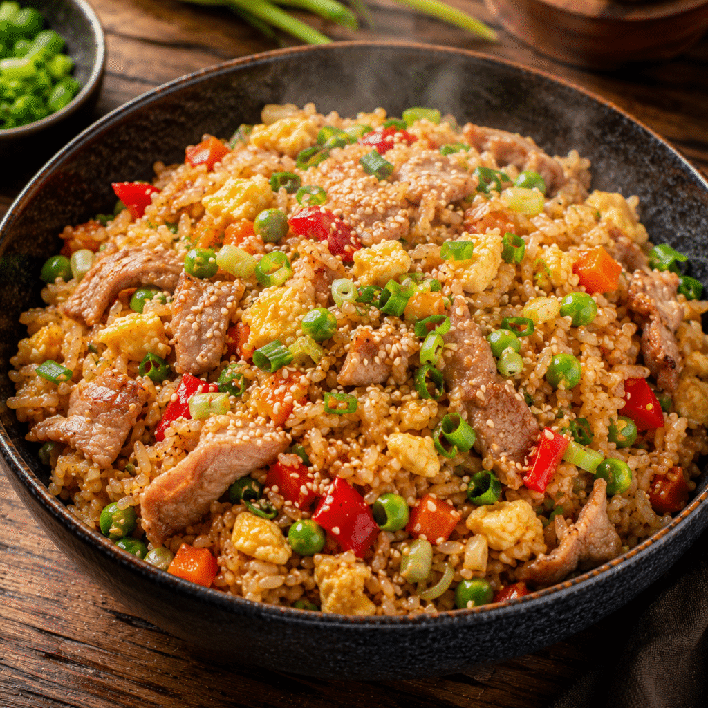 Riz sauté au porc avec œufs et légumes colorés