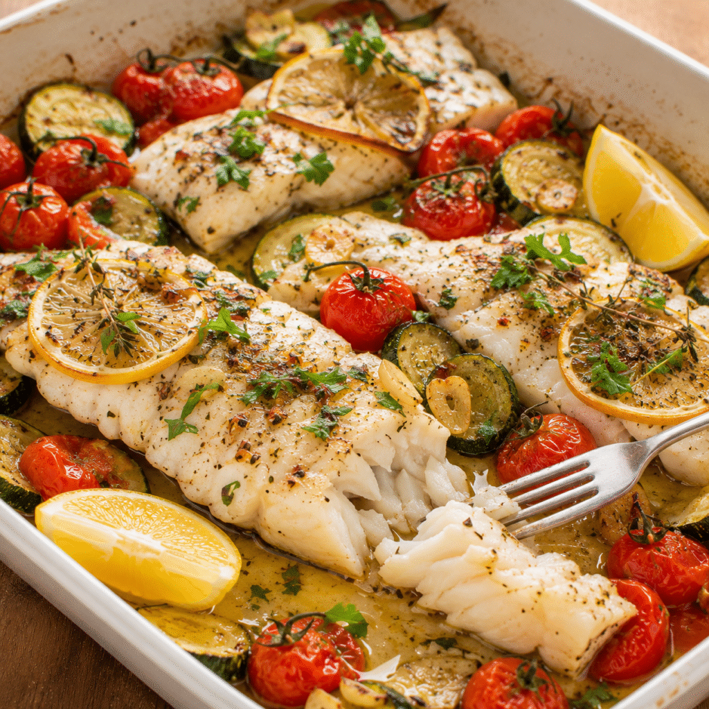 Poisson au four au citron avec tomates et courgettes