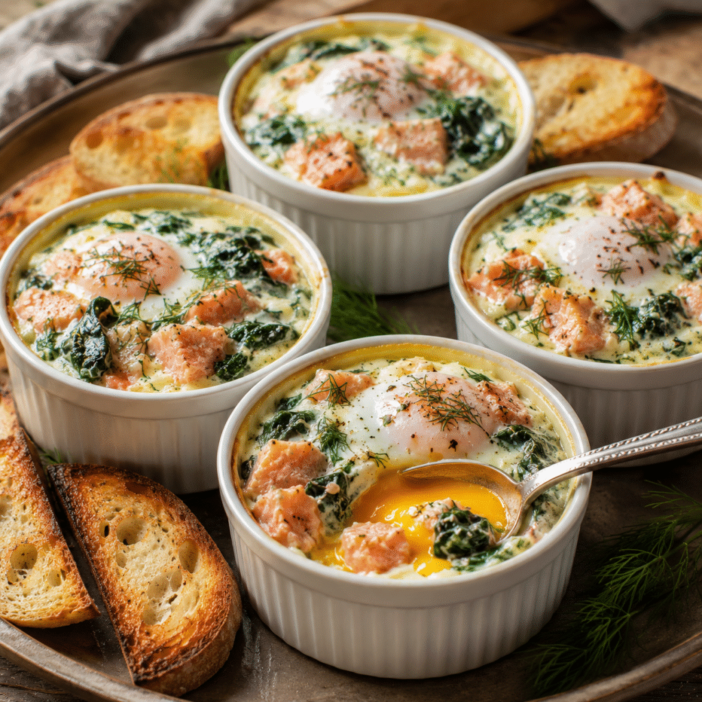 Œufs cocotte aux épinards et au saumon avec jaune coulant