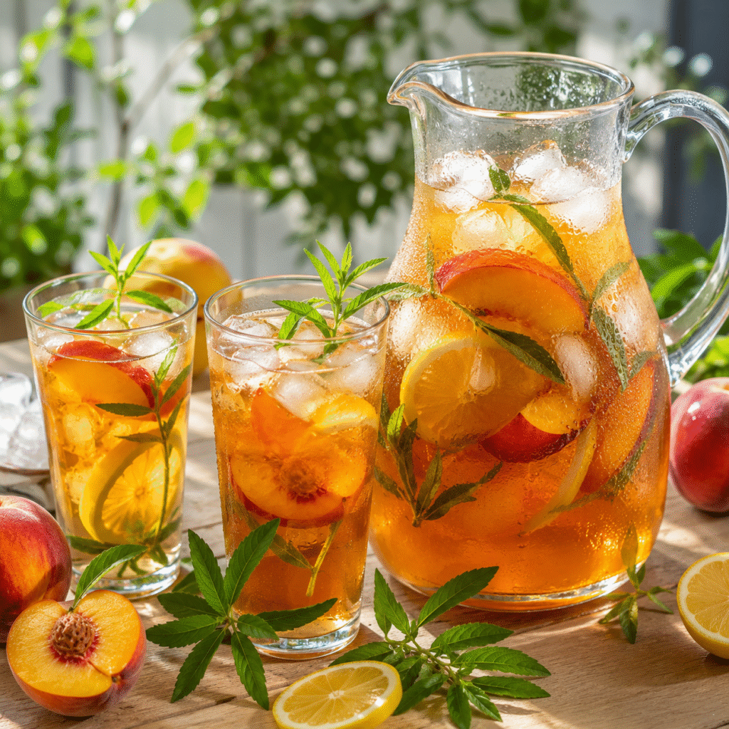 Thé glacé pêche-verveine maison avec glaçons